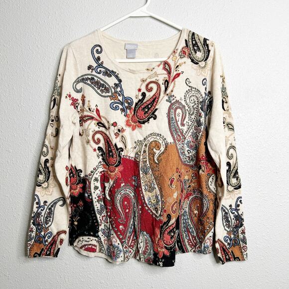 Chicos Sweater Womens Medium Cream Multicolor Paisley Pullover Long Sleeve Knit - Picture 2 of 7